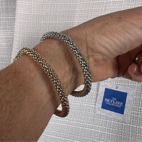 New Set of 2 Skyline Collection Rhinestone and Bow Bracelets Silver Gold Tone - Picture 3 of 5